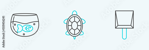 Set line Dustpan, Aquarium with fish and Turtle icon. Vector