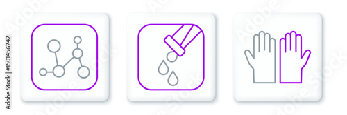 Set line Medical rubber gloves, Chemical formula and Test tube and flask icon. Vector