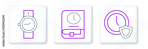 Set line Clock with shield, Wrist watch and Time for book icon. Vector