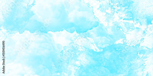 Sunny sky blue light watercolor background. Aquarelle painting brush effect card paper textured canvas cloudy smoke space for text, entertaining card, template. aquamarine color graphics illustration
