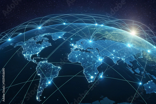 light blue background with a digital world map and global network connections, representing the concept of international business or connectivity