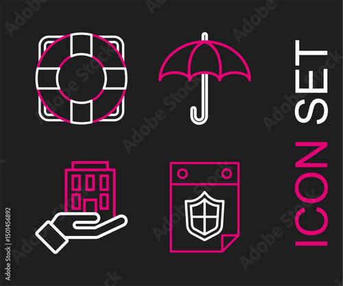 Set line Calendar with shield, House in hand, Umbrella and Lifebuoy icon. Vector