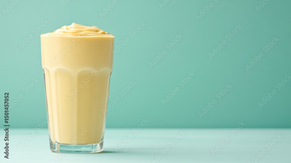 Tall glass of creamy smoothie on pastel background, evoking refreshing and delightful feeling Tall glass of creamy smoothie on pastel background, evoking refreshing and delightful feeling