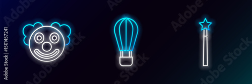 Set line Magic wand, Clown head and Hot air balloon icon. Glowing neon. Vector