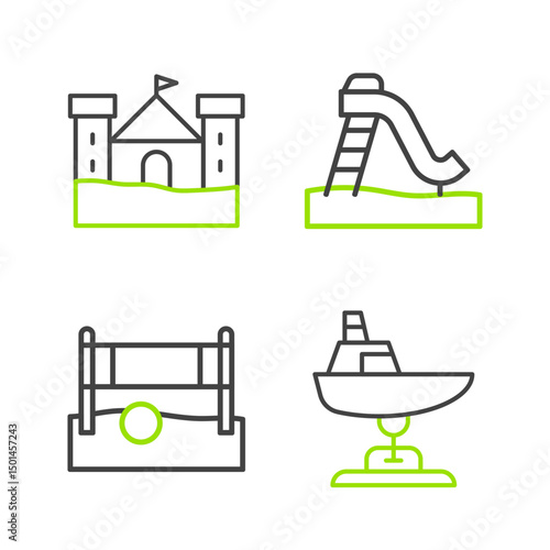 Set line Swing boat, Volleyball net with ball, Kid slide and Sand castle icon. Vector