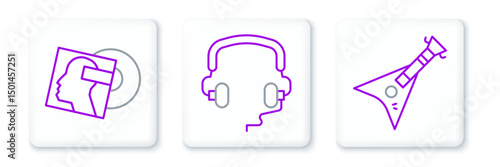 Set line Electric bass guitar, Vinyl disk and Headphones icon. Vector