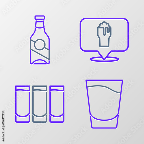 Set line Shot glass, Alcohol or beer bar location and Beer bottle icon. Vector