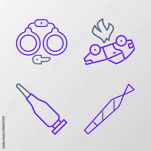 Set line Marijuana joint, Bullet, Burning car and Handcuffs icon. Vector