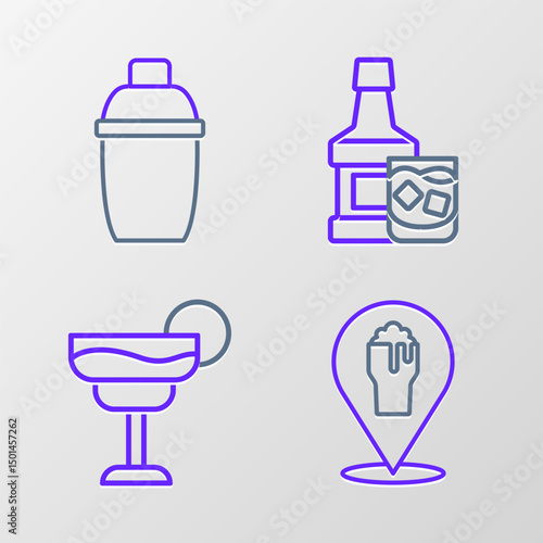 Set line Alcohol or beer bar location, Cocktail, Whiskey bottle and glass and shaker icon. Vector
