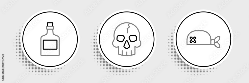 Fototapeta premium Set line Pirate bandana for head, Alcohol drink Rum and Skull icon. Vector