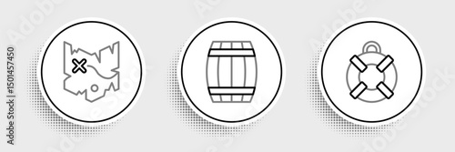 Set line Lifebuoy, Pirate treasure map and Wooden barrel icon. Vector