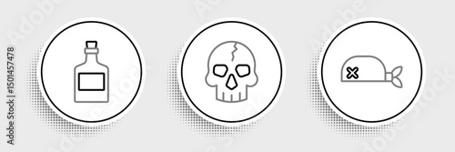 Set line Pirate bandana for head, Alcohol drink Rum and Skull icon. Vector