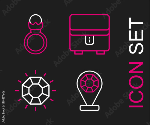 Set line Jewelry store, Diamond, box and engagement ring icon. Vector