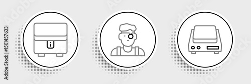 Set line Electronic jewelry scales, Jewelry box and Jeweler man icon. Vector