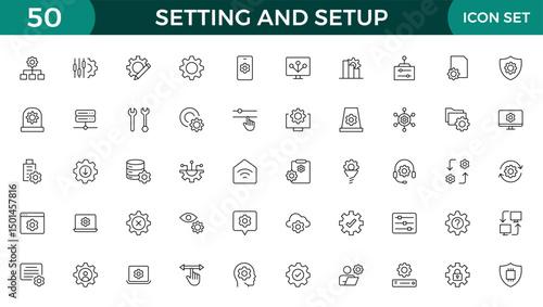 Setting and setup Solid icon collection. app and website settings icon set. options, configuration, preferences, adjustments, tools, gear, control panel, management, and productivity icons.
