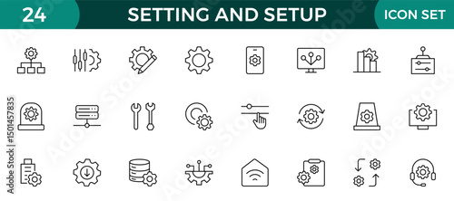 Setting and setup Solid icon collection. app and website settings icon set. options, configuration, preferences, adjustments, tools, gear, control panel, management, and productivity icons.