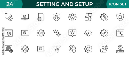 Setting and setup Solid icon collection. app and website settings icon set. options, configuration, preferences, adjustments, tools, gear, control panel, management, and productivity icons.