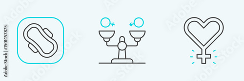 Set line Feminism, Sanitary napkin and Gender equality icon. Vector