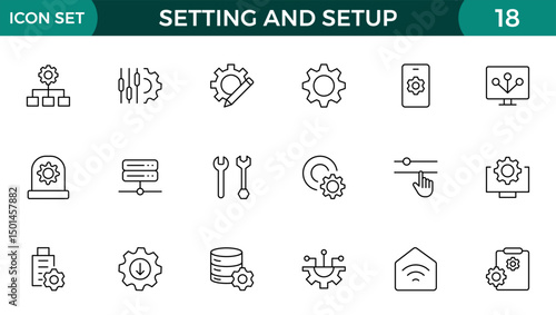 Setting and setup Solid icon collection. app and website settings icon set. options, configuration, preferences, adjustments, tools, gear, control panel, management, and productivity icons.