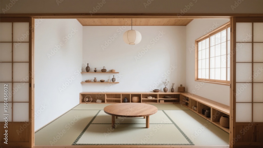 Fototapeta premium Traditional Japanese Tatami Room with Low Table and Shelves