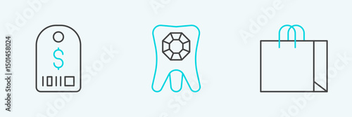 Set line Shopping bag jewelry, Price tag with dollar and Tooth diamond icon. Vector