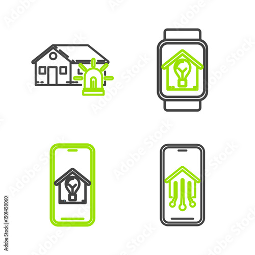 Set line Mobile phone with smart home, house and light bulb, Smart watch and alarm icon. Vector