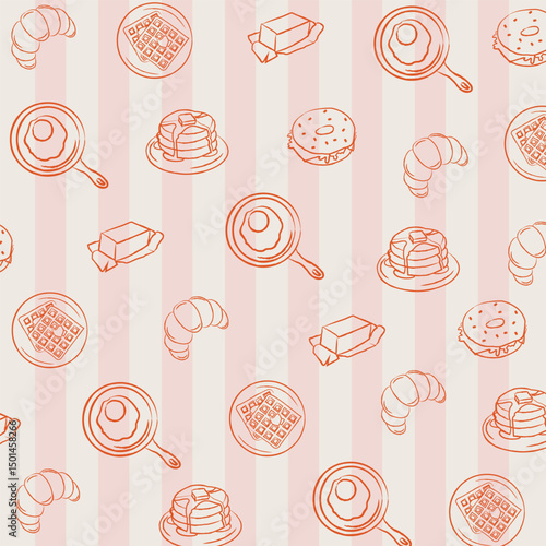 Breakfast food seamless pattern. Retro kitchen wallpaper with pancakes, fried eggs, waffles, butter, croissants, and bagels. Cozy morning café print for wrapping, greeting cards, textile designs.