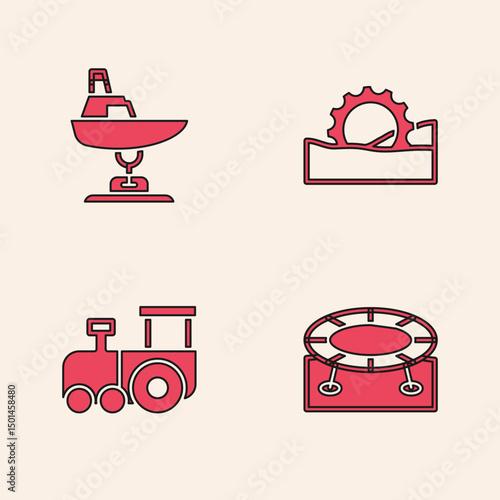 Set Jumping trampoline, Swing boat, Ferris wheel and Toy train icon. Vector