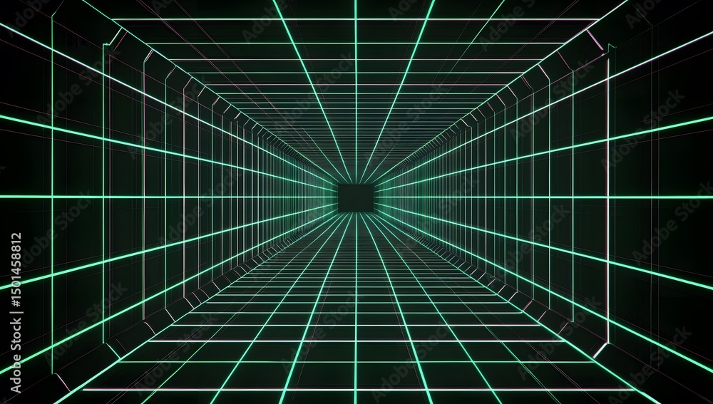 Obraz premium A green laser grid with red beams on a dark background, with lines in the center of each beam. A square is placed inside one corner of the lasers, and behind it