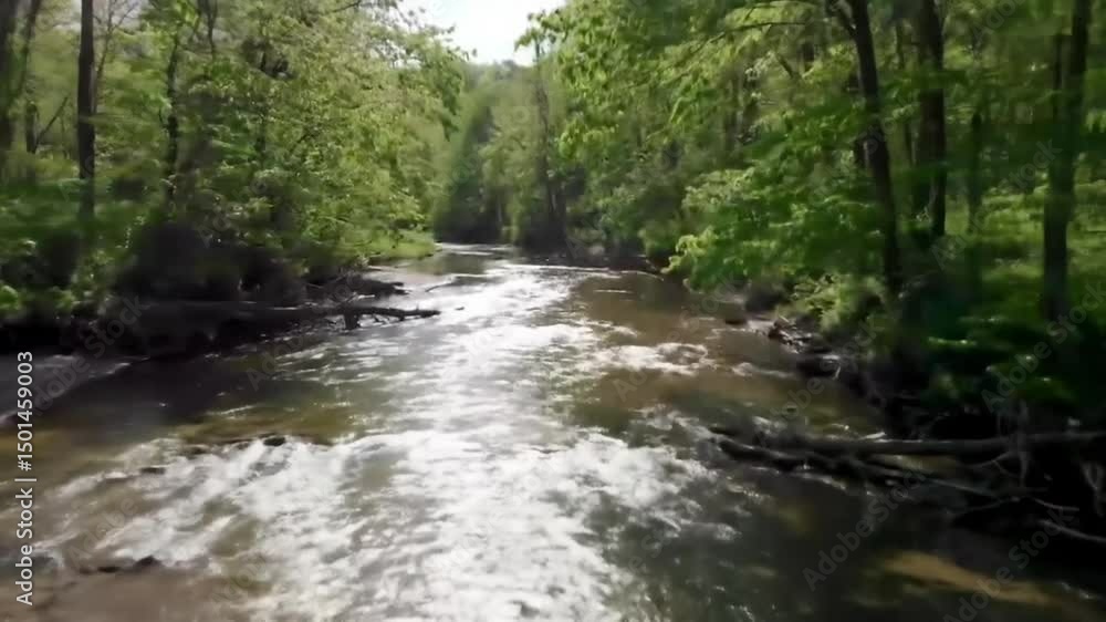 Springtime River Flowing Gently Through A Green Forest Springtime River Flowing Gently Through A Green Forest