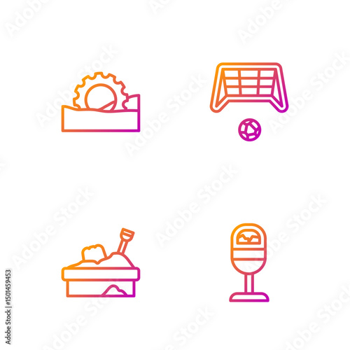 Set line Trash can, Sandbox with sand, Ferris wheel and Soccer goal ball. Gradient color icons. Vector