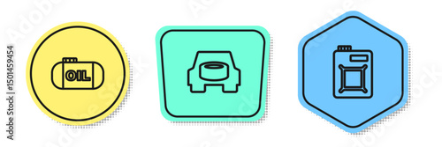 Set line Oil tank storage, Spare wheel in the car and Canister for motor oil. Colored shapes. Vector