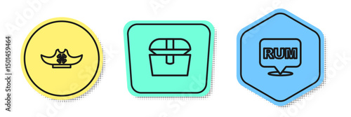 Set line Pirate hat, Antique treasure chest and Alcohol drink Rum. Colored shapes. Vector