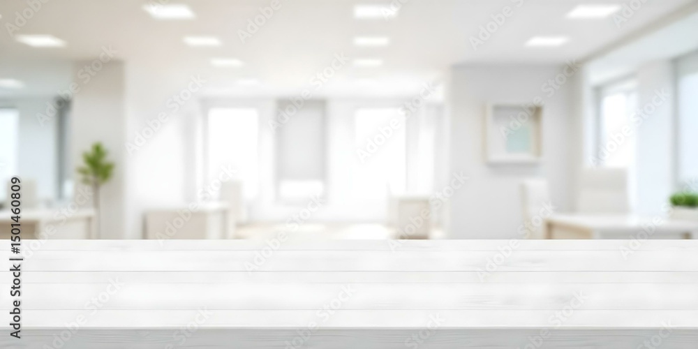 Fototapeta premium A white wooden table in a blurred office environment with lights and windows, neutral colors