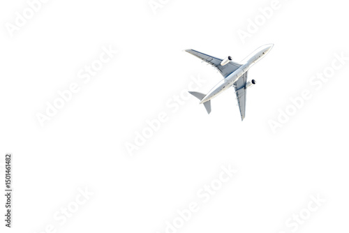 Airplane soaring high in a clear blue sky, isolated PNG with transparent background
