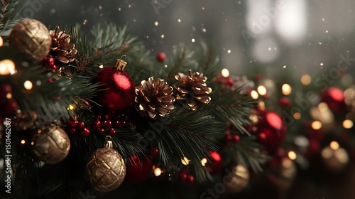 Christmas garland with red and gold ornaments.