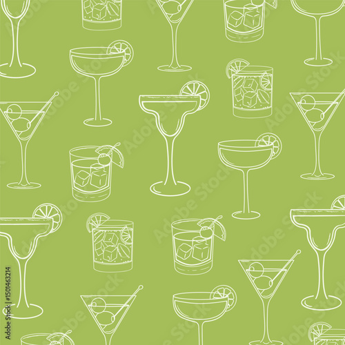 Seamless pattern with hand drawn cocktail glasses. Retro barware background of margaritas, martinis, mojito, daiquiri and old fashioned drinks. Summer party beverage Print for bar, menu and textile.