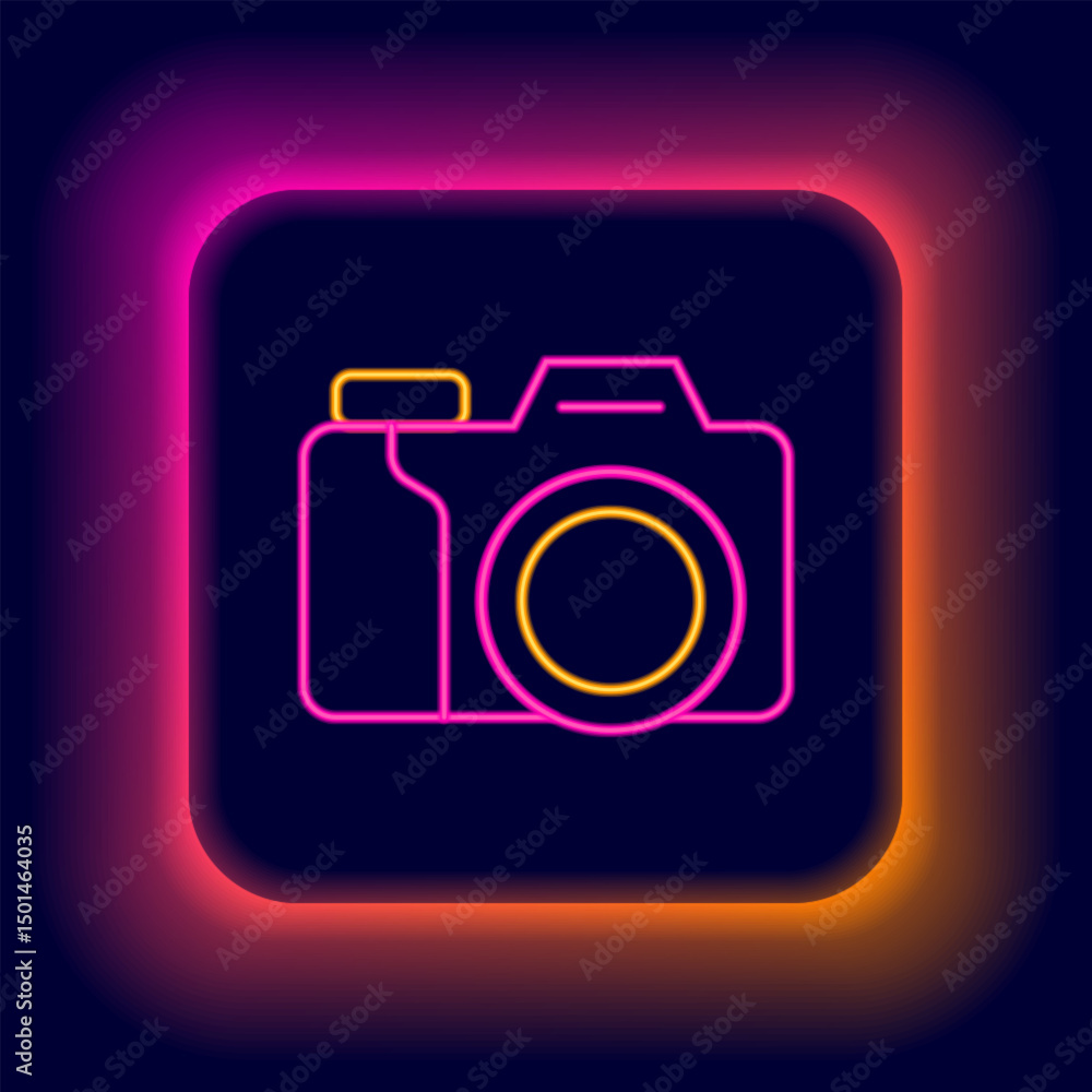 Glowing neon line Photo camera icon isolated on black background. Foto camera. Digital photography. Colorful outline concept. Vector Glowing neon line Photo camera icon isolated on black background. Foto camera. Digital photography. Colorful outline concept. Vector