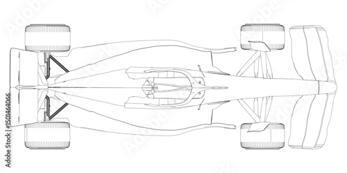 A drawing of a race car with a black and white color scheme. The car is shown in a very detailed manner, with the wheels and other parts clearly visible. Concept of speed and excitement. Top view