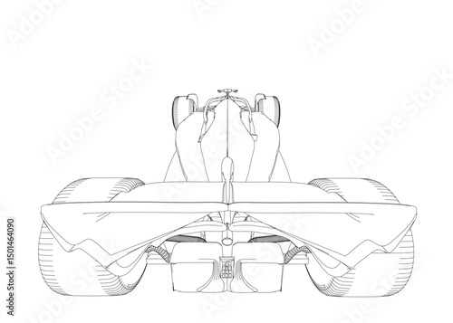 A drawing of a racing car. The car is sleek and aerodynamic, with a powerful engine and advanced technology. Back view