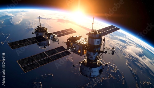 Stunning View of Spacecraft in Orbit Against a Beautiful Earth Sunrise with Glowing Atmosphere