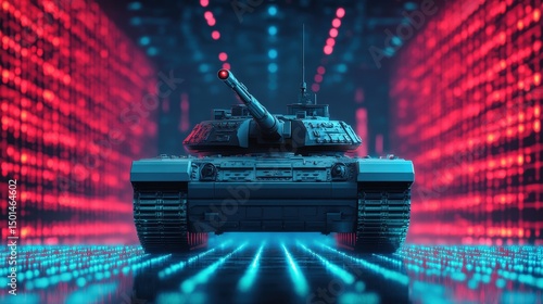 A modern tank stands in a futuristic, neon-lit digital environment with vibrant red and blue lights.