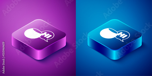 Isometric Voice assistant icon isolated on blue and purple background. Voice control user interface smart speaker. Square button. Vector