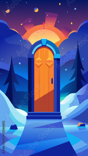 Mysterious Doorway to a Serene Winter Landscape