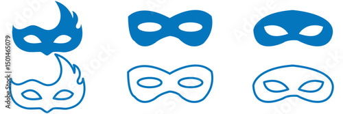 Superhero mask vector blue icon. Silhouette hero cartoon character comic face. Flat black superhero costume design mask icon vector illustration
