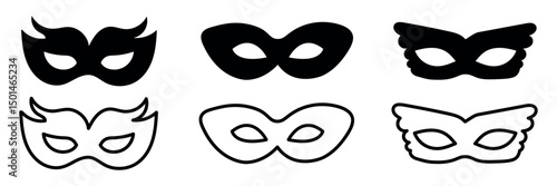 Mask superhero or carnival bandit burglar vector icon set. Black masquerade costume eye mask silhouette hidden villain scammer face. Simple design theater artist masque shape vector illustration.