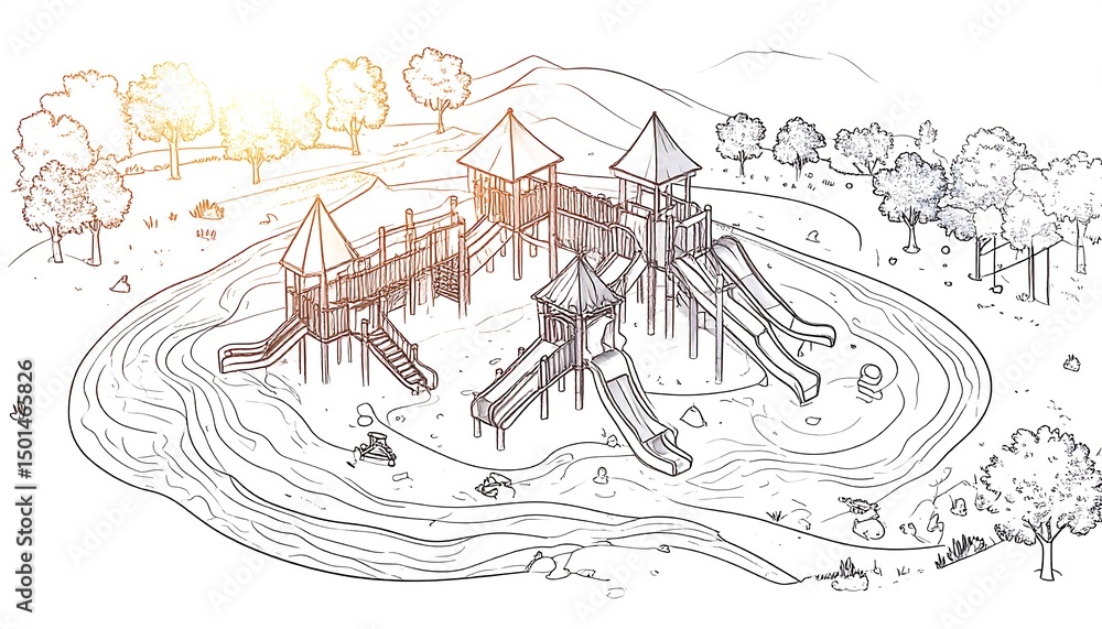 Obraz premium Outline illustration of a children's playground with slides surrounded by trees and a river in the background