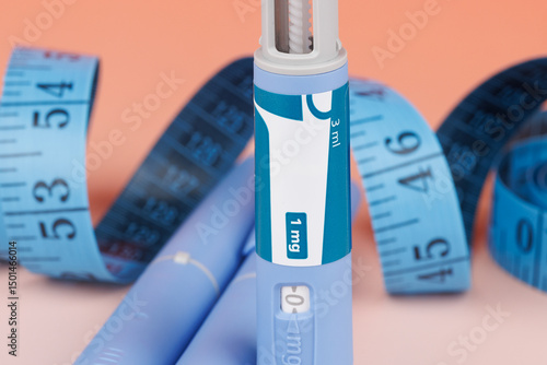 Weight regulation with semaglutide and measuring tape on colored red backdrop