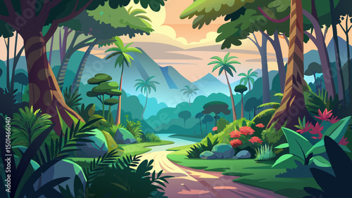 Serene Jungle Landscape. Picturesque Path Through Lush Tropical Forest