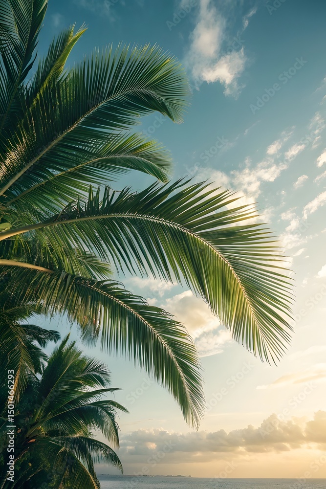 Obraz premium Palm Leaves Against Sky at Golden Hour Near Ocean